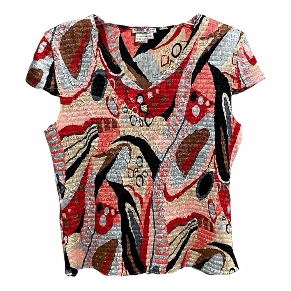 Vintage Y2K Artsy Alberto Makali Abstract Textured Top XL Stretch Crinkle Sequin